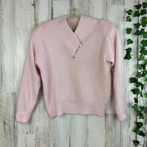 VTG 80s Yarnworks Pink Lambswool Angora Nylon Womens Sweater PM Unique Neckline - Picture 1 of 6